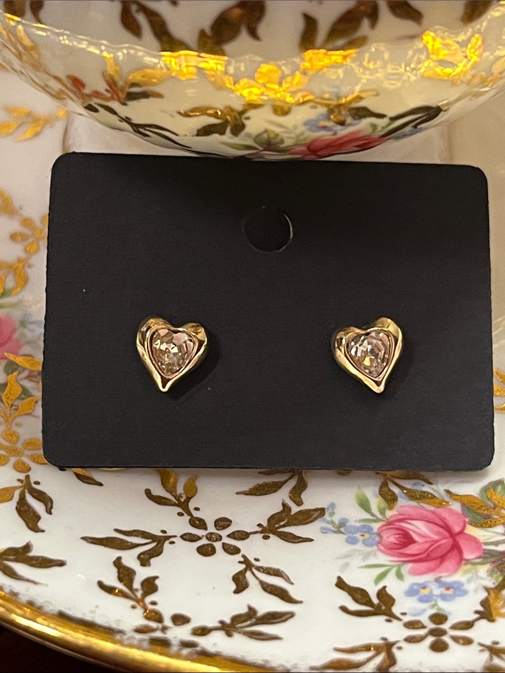 Ann Taylor LOFT Gold Heart Stud Earrings with Clear Crystal Accents
